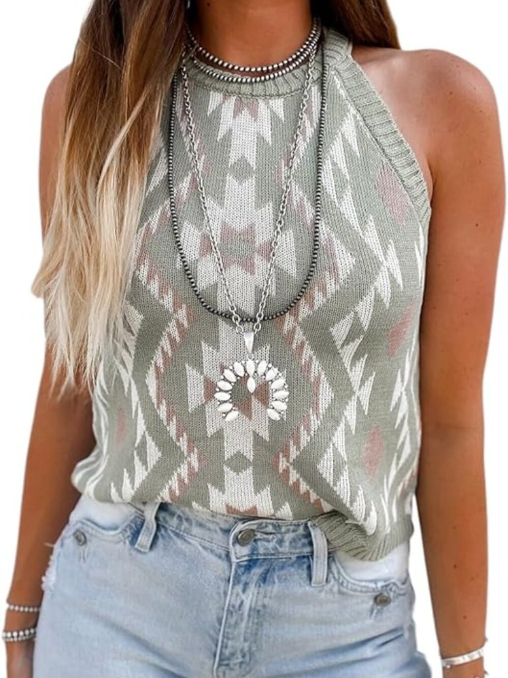New - Women Sleeveless Sweater Tank Round Neck Casual Aztec Geometric Knit Sweat
